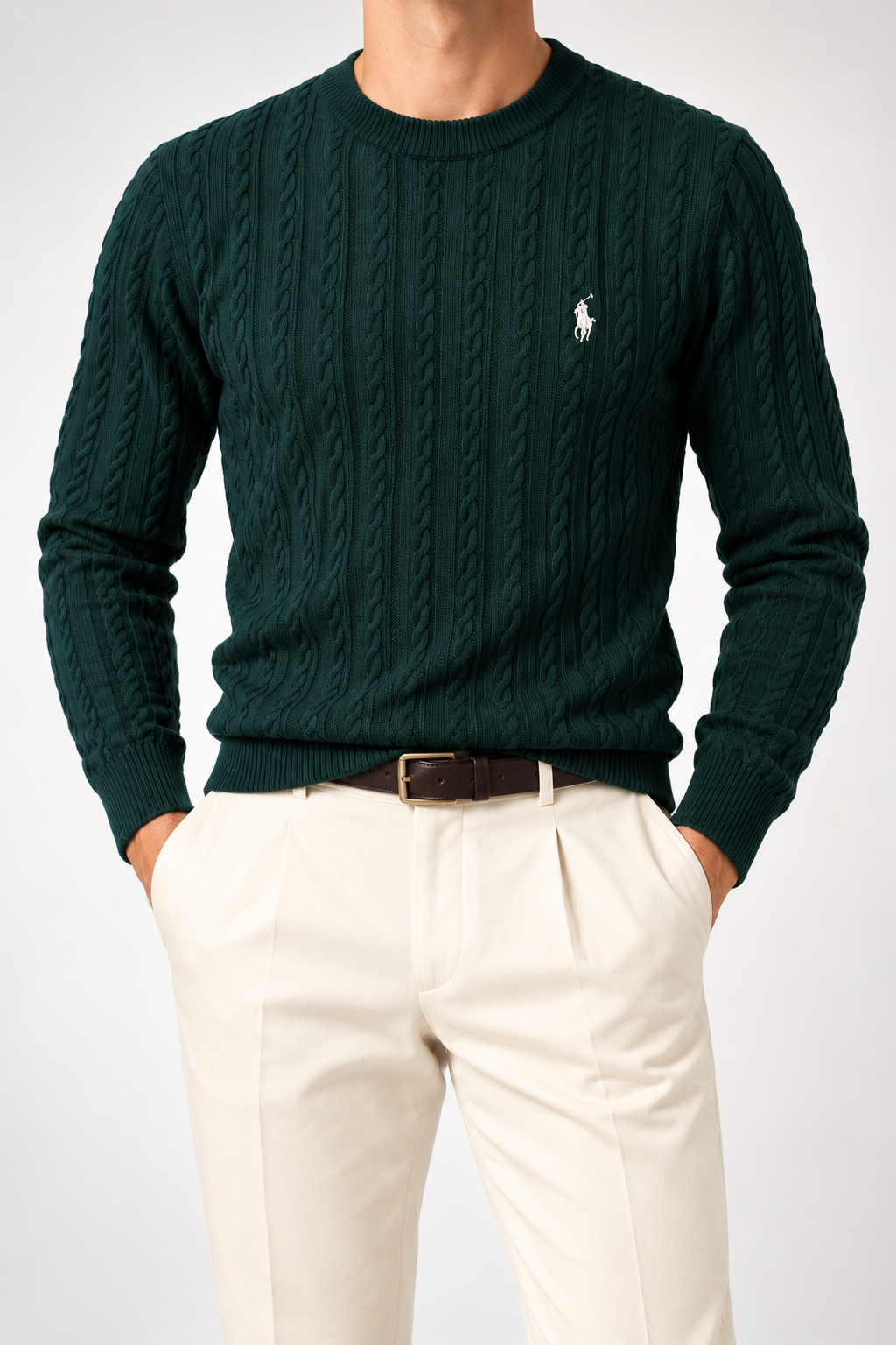 RL — Bottle-Green Cable-Knit Crew-Neck Jumper — front